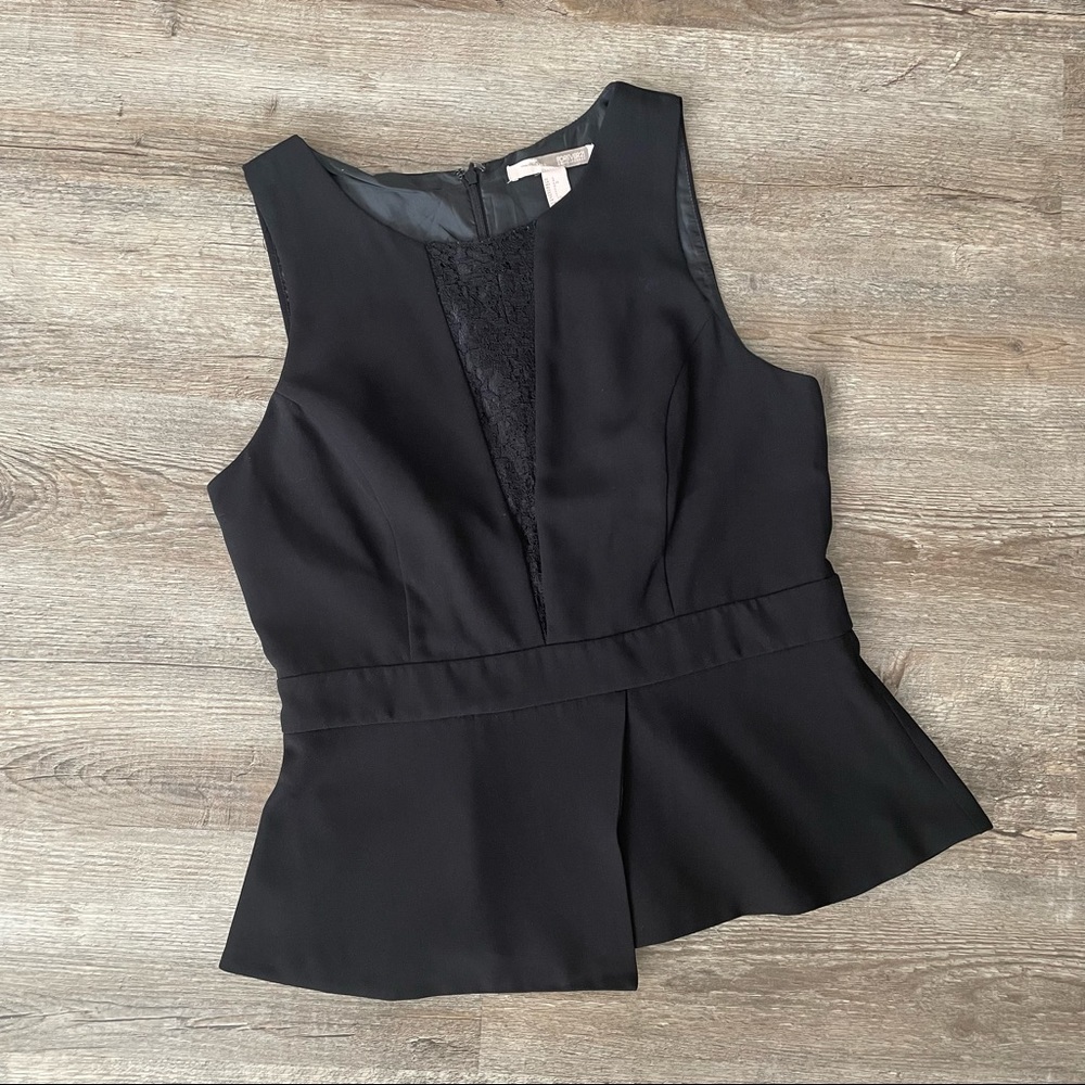 Dressy Black Peplum sleeveless top w/ Sheer lace deep V front - Sz L
